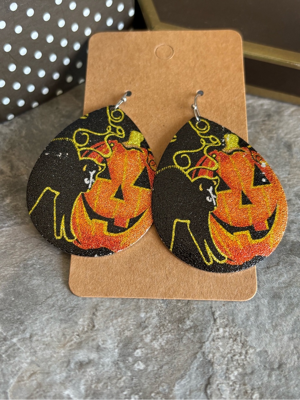 Halloween Pumpkin and Black Cat Teardrop Earrings